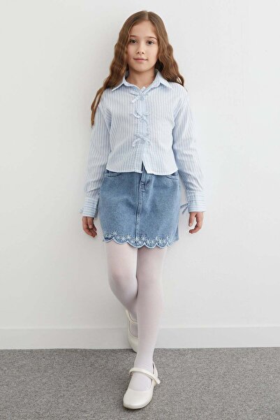 Fulla Moda %100 Pamuk Çiçek Nakışlı Kız Çocuk Kot Etek