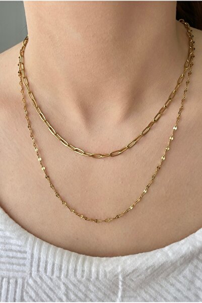 Esmia Jewelry Gold Renk Çelik çift görünümlü Zincir Kolye – Ataş Model & İnce...