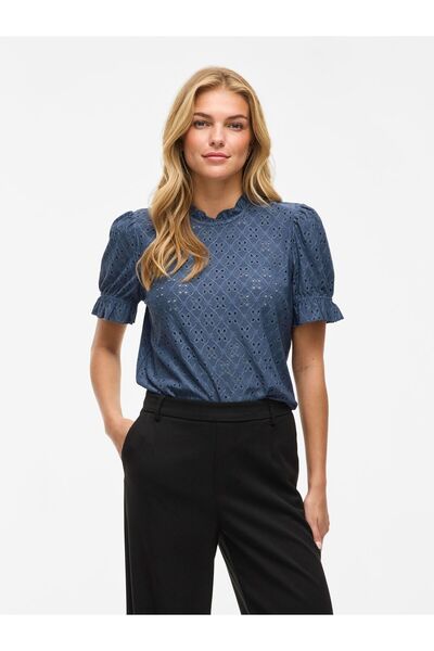 VILA Oberteil mit kurzen Ärmeln Stickerei