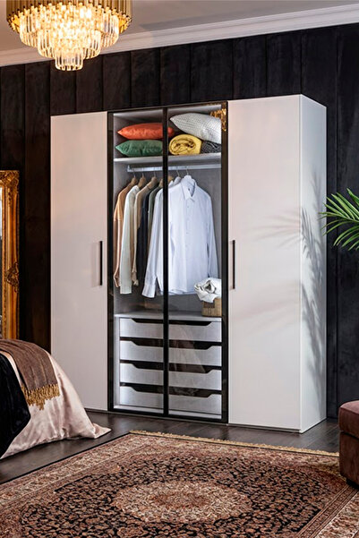 benim odam Diva 4 Kapaklı Beyaz Dolap 7 Raflı Gizli Çekmeceli Cam Kapaklı Gen...