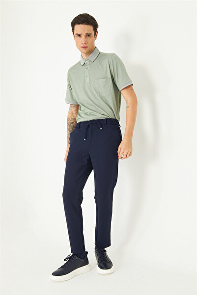 White Stone Navy Blue Modern Cut Lace-Up Smart Casual Jogger Pants