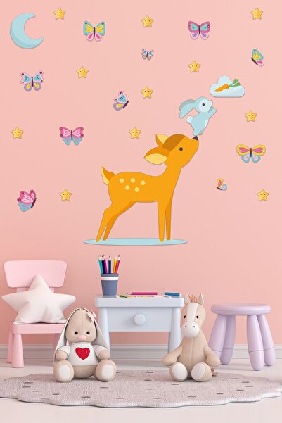 Tilki Dünyası ملصق حائط لغرفة الأطفال غزال صغير وأرنب صغير وفراشات ملونة