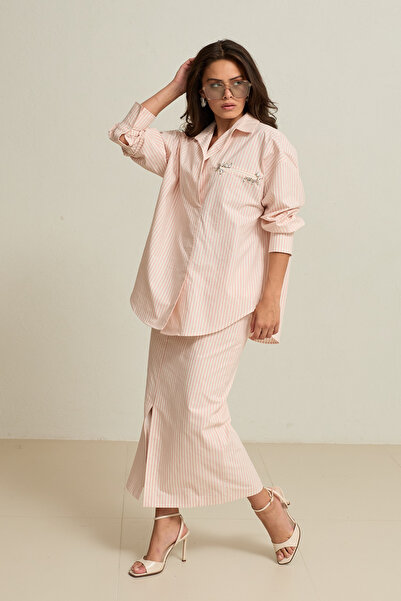 Setre Cămașă cu mânecă lungă, croială lejeră, cu model în dungi ecru-pudră și...