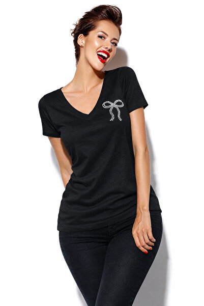 TWINTICKS White Stone Detailed Ribbon Printed Black Women's T-Shirt – V-Neck ...