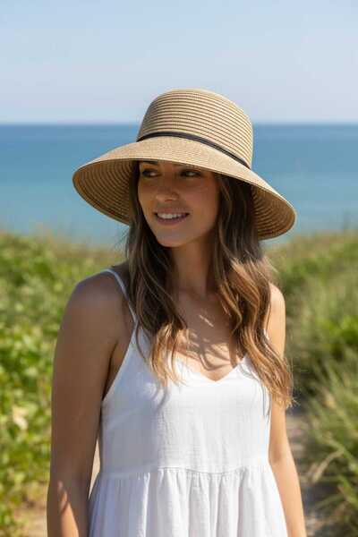 Aware Time قبعة فيدورا نسائية من القش بأربطة