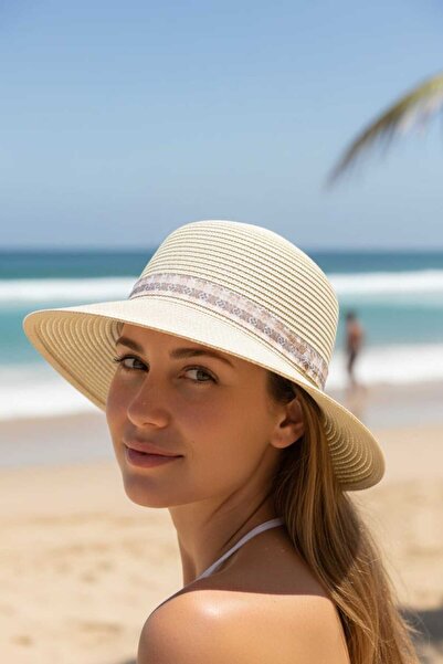 Aware Time قبعة من القش نصف قمر مع شريط فيلكرو وتفاصيل فيونكة