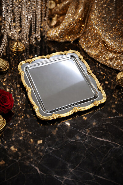 Ogeda Home Gümüş Üzeri Gold Gül Figürlü Sunum Tepsisi– Tek Kişilik Dekoratif ...