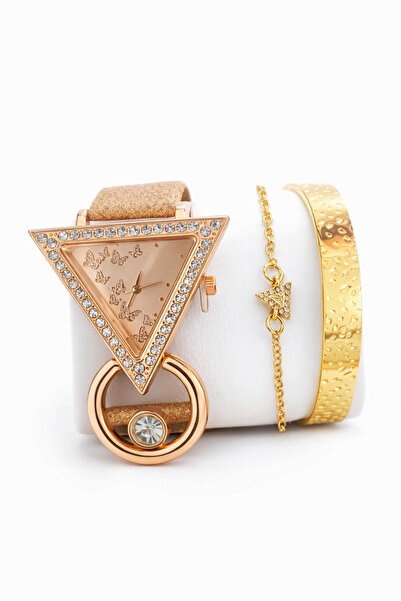DeNors طقم سوار ساعة نسائية مثلث الشكل باللون الذهبي الوردي |   مجموعة هدايا ...
