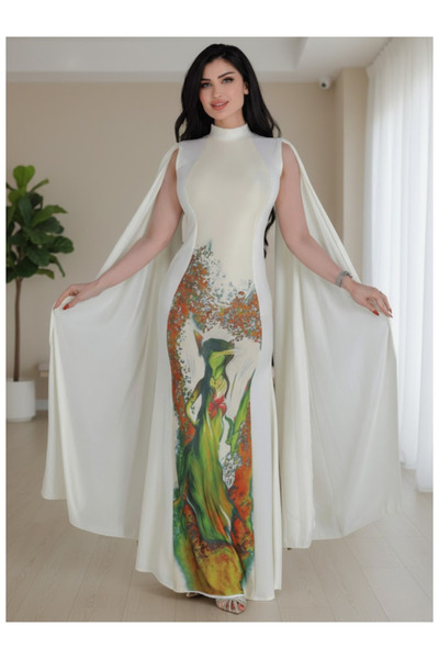Nice Model Graceful White Maxi Gown Floral Cape Sleeves High Neck Evening Dre...