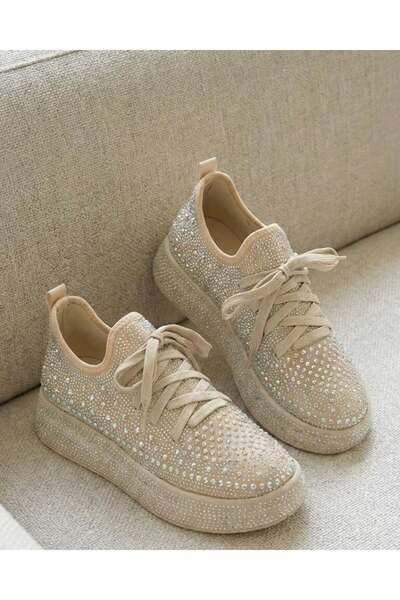 Mubiano Women's Sneaker with Stone Detail, Thick Sole, Diamond Beige