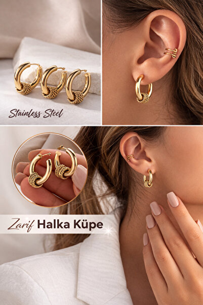 stainless steell Gold Renk Paslanmaz Çelik Örgü Detaylı Halka Küpe – Suya Day...