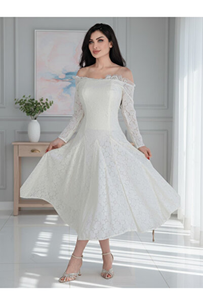 Nice Model فستان ميدي أنيق من الدانتيل الأبيض، مكشوف الكتفين، بأكمام طويلة، ب...