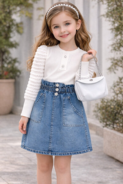BellaRosse Girl's White Blouse and Denim Skirt Set & Gray Chain Strap Bag Com...