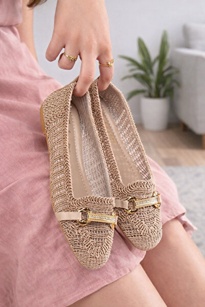 Behtah Kundura Kadın Önü Kapalı Hasır Babet Dantel Örme Çeyiz Günlük Babet