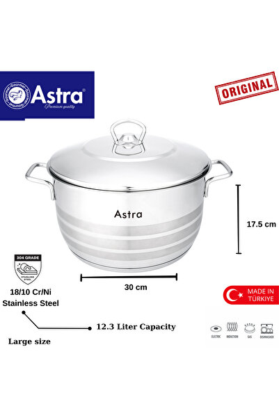 Astra Casserole 30x17.5cm - 12.3 Liter Capacity -18/10 Cr-Ni Stainless Steel -induction cookers