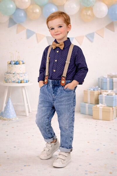 Babexi Askı Kemerli Papyonlu Likralı Kot Pantolon Erkek Bebek/Çocuk Takım