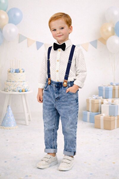 Babexi Askı Kemerli Papyonlu Likralı Kot Pantolon Erkek Bebek/Çocuk Takım