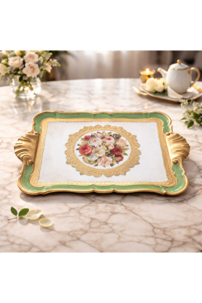 esdekor L & M Florance Art Tepsi Yeşil Gold Gül Ağacı 1 Adet 46x32 cm Dikdört...