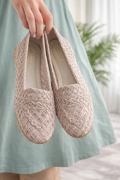 Behtah Kundura Kadın Önü Kapalı Hasır Babet Dantel Örme Çeyiz Günlük Babet