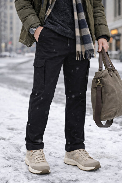 Souris بنطلون كارجو رجالي مريح من القطن مع 6 جيوب ورباط خصر مطاطي باللون الأسود