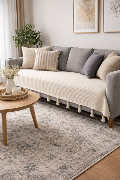 Genel Markalar Püsküllü Şal Model Bej Koltuk Örtüsü 100x230 | %100 Pamuk Örme...