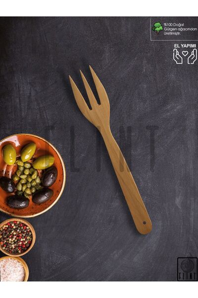 FLINT Gürgen Ağacı El Yapımı Tahta Ahşap Çatal Mutfak Yemek Servis Çatalı 28 Cm