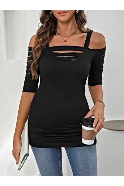 Generic Brand Women's Viscose Blouse with Open Shoulders and Laser Cut Detail