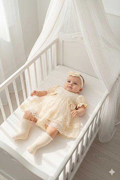 Miniday Baby فستان طفلة مولودة حديثًا صيفي مع باندانا ودانتيل، فستان زفاف لحد...