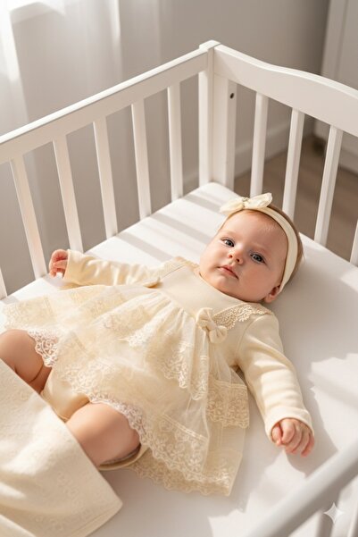 Miniday Baby Kız Bebek Mevlütlük Body Elbise Bandanalı Dantelli Yeni doğan Ha...