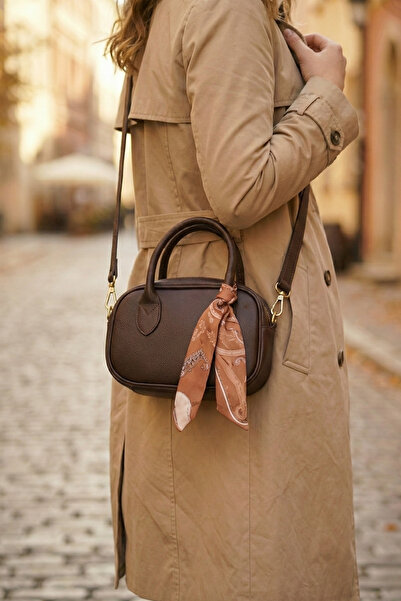 Bitter Brown Leather Mini Trend Women's Hand and Shoulder Bag with Scarf Detail