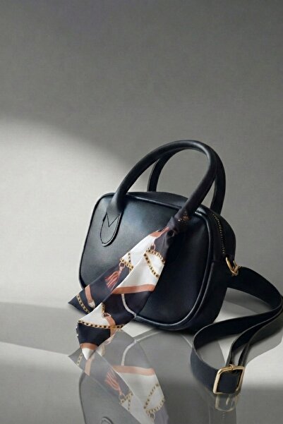 Black Leather Mini Trend Women's Hand and Shoulder Bag with Scarf Detail – Elegance Always With You