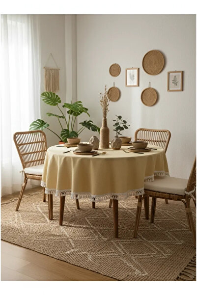 NDC HOME مفرش المائدة المستدير من الكتان الخام بوم بوم باللون الأصفر