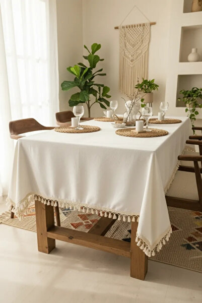 NDC HOME Față de masă cu pompon brut de in alb