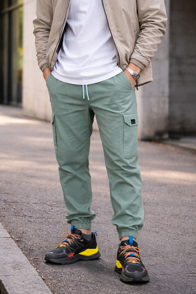 Souris بنطلون رجالي كارجو جوجر مريح من القطن بـ 6 جيوب ورباط مطاطي بلون النعناع