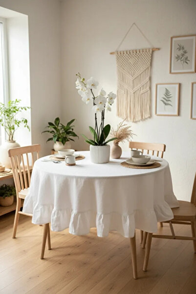 NDC HOME Față de masă rotundă cu volane din in alb premium