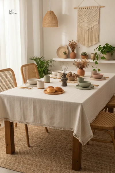 NDC HOME مفرش طاولة كريمي مخطط من الكتان - باكالي