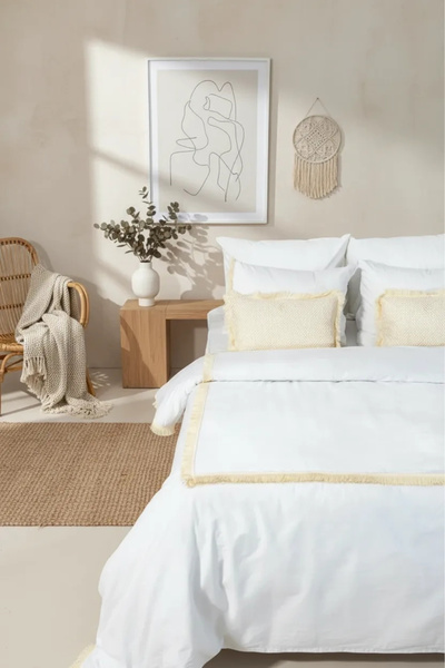 NDC HOME Bela Pamuk Lan kvadrat Sa resama Jednokrevetno Set posteljine