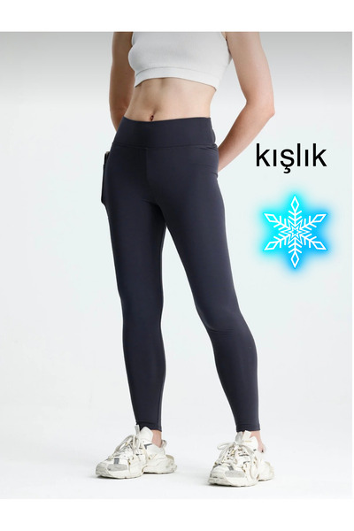 glanour Women's Gray High Waist Winter Leggings with Fleece Lining and Pockets