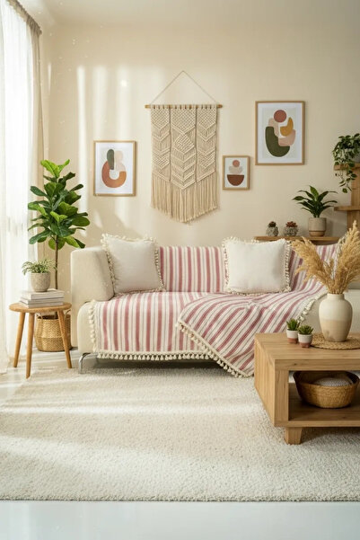 NDC HOME غطاء أريكة أصلي مخطط باللون العنابي من Pompom