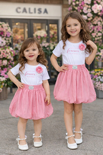 CALİSA طقم تي شيرت بتفاصيل زهور وتنورة بالون للفتيات مناسب للعطلات |   3-10 س...