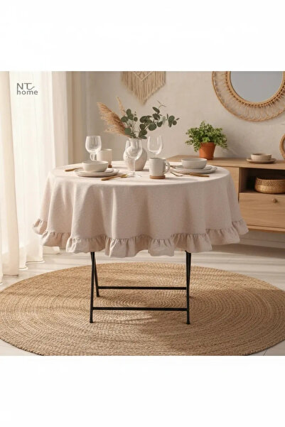 NDC HOME Beige Linen Round Ruffle Tablecloth