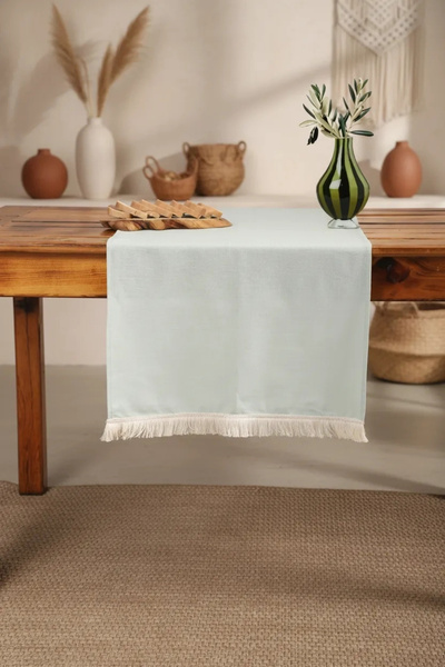 NDC HOME Premium Keten Adaçayı Yeşili Püsküllü Runner Masa Örtüsü(45 x150)