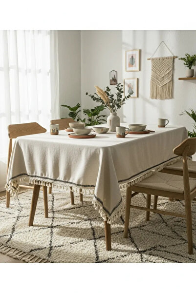 NDC HOME Τραπεζομάντηλο από βιολογικό ακατέργαστο λινό κρέμα μαύρης ρίγας με ...