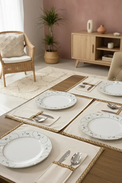 NDC HOME Set de serviciu american cu dungi țesute verde din in 6 bucăți cu su...