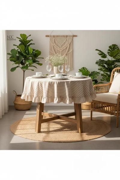 NDC HOME Milk Coffee Striped Linen Round Ruffle Tablecloth