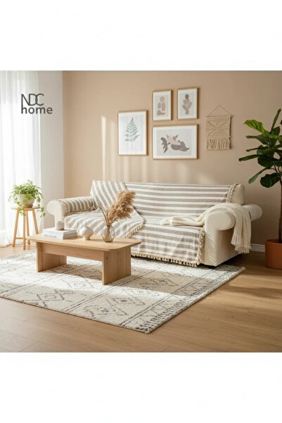 NDC HOME غطاء أريكة من الكتان الفاخر باللون البيج المخطط باللون البني - 170 ×...
