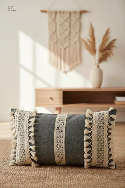 NDC HOME Siva antracit Čipka Jastuk - Lan sirova boja (35 x 55)