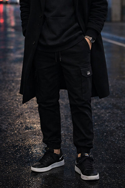 Souris بنطلون رجالي كارجو جوجر مريح من القطن بـ 6 جيوب ورباط مطاطي أسود