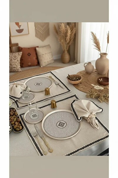 NDC HOME طقم مناديل مخططة باللون الأسود من الكتان الخام العضوي مكون من 6 قطع ...