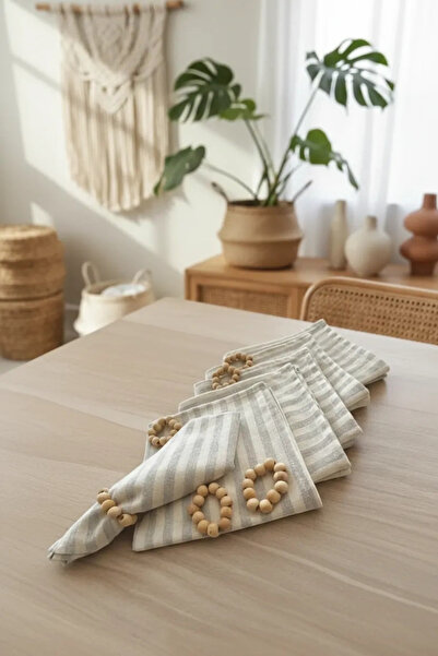 NDC HOME طقم مناديل قهوة حليب مخططة من الكتان - 6 قطع (مع مشبك هدية)